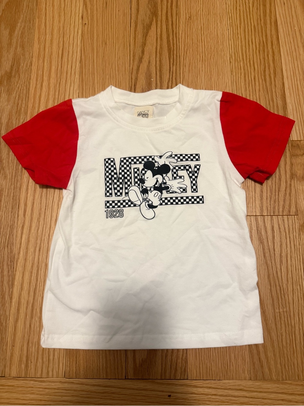 Disney White Tee with Red Raglan Sleeves and Black Mickey Graphic